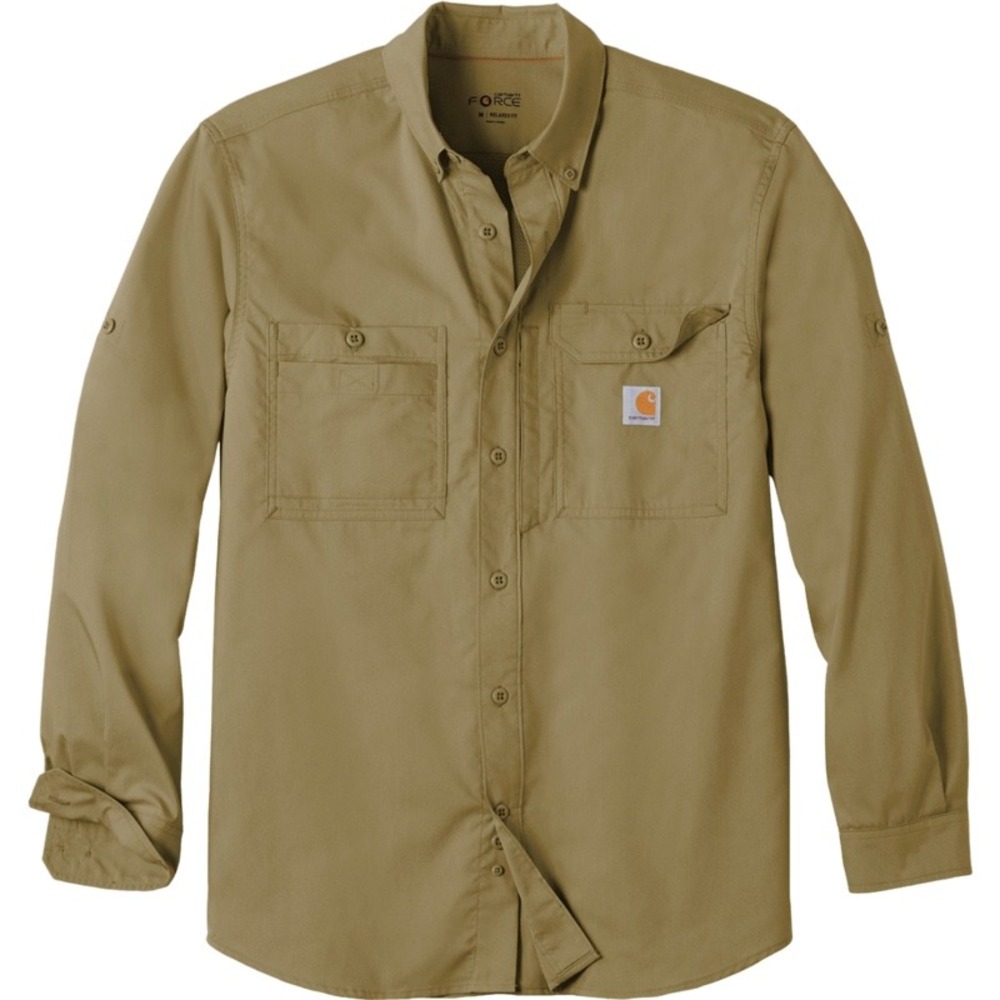 CARHARTT XL Force Ridgefield Shirt Khaki Vented Relaxed Fit Long Sleeve Workwear